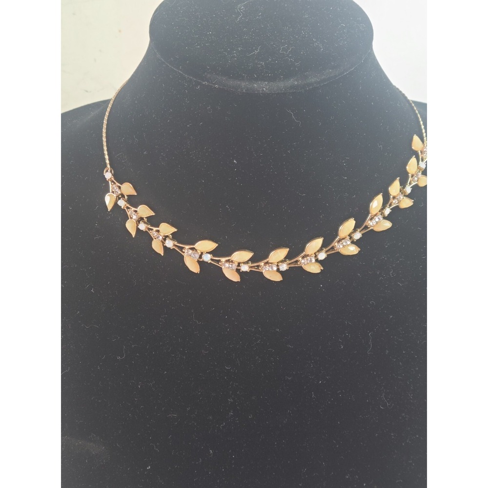 Vtg NY Goldtone Necklace Choker Leaf Design Crystals 15"